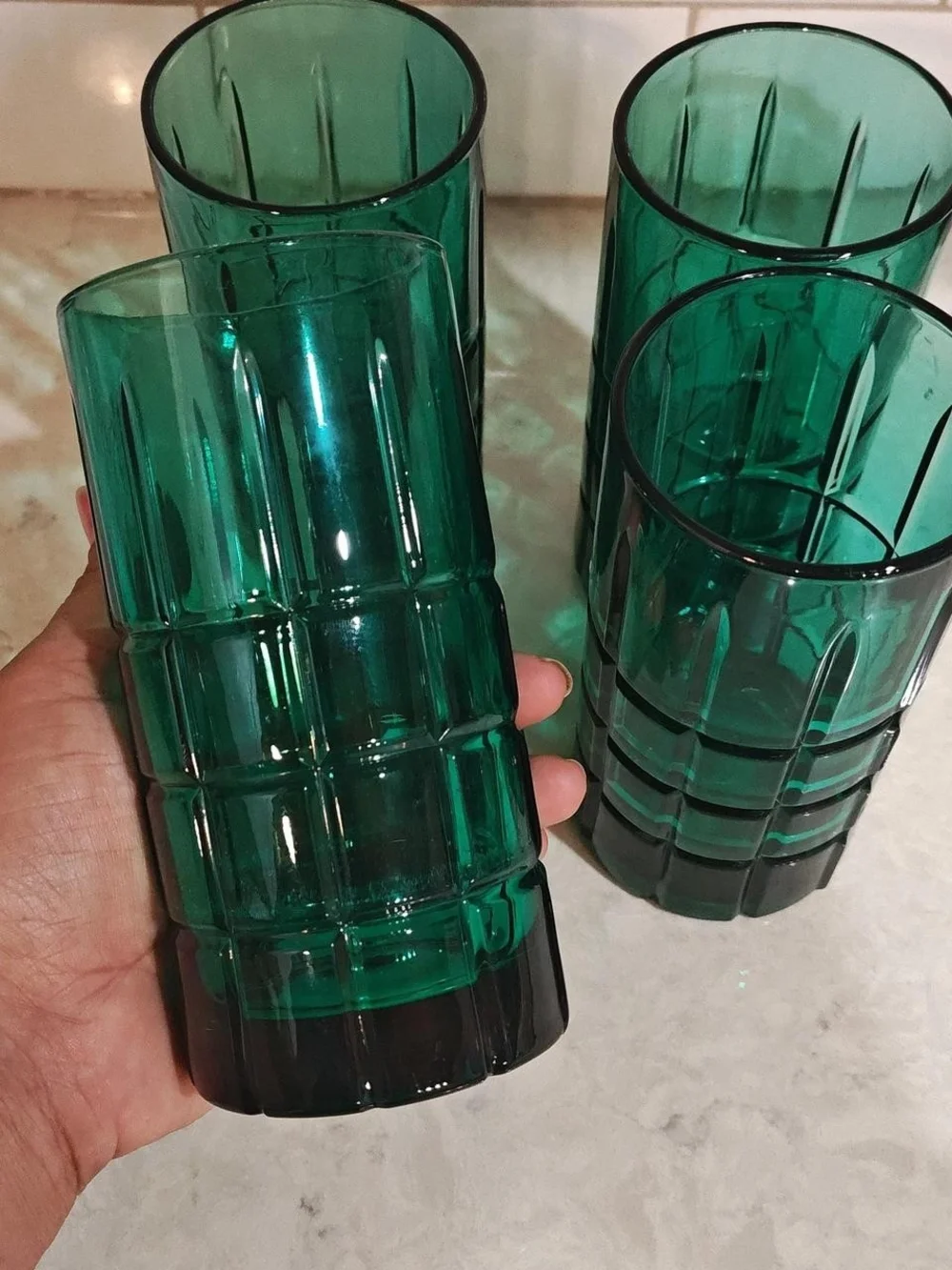Vintage Anchor Hocking Emerald Green Tartan Plaid Tall 16oz Glass Lot Of 4 Heavy